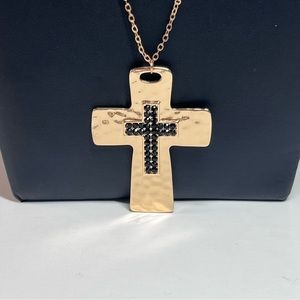 Golden Hammered Cross Black Crystal Pendant Necklace 17-19"